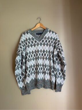 Vtg L R II LeRoy Knit Sweater Mens Geometric Pattern Multicolor Cosby V Neck XL